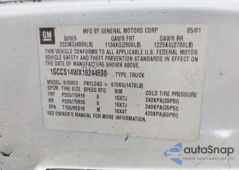 2001 Chevrolet S-10 из США, поврежденный, VIN 1GCCS14WX18244690